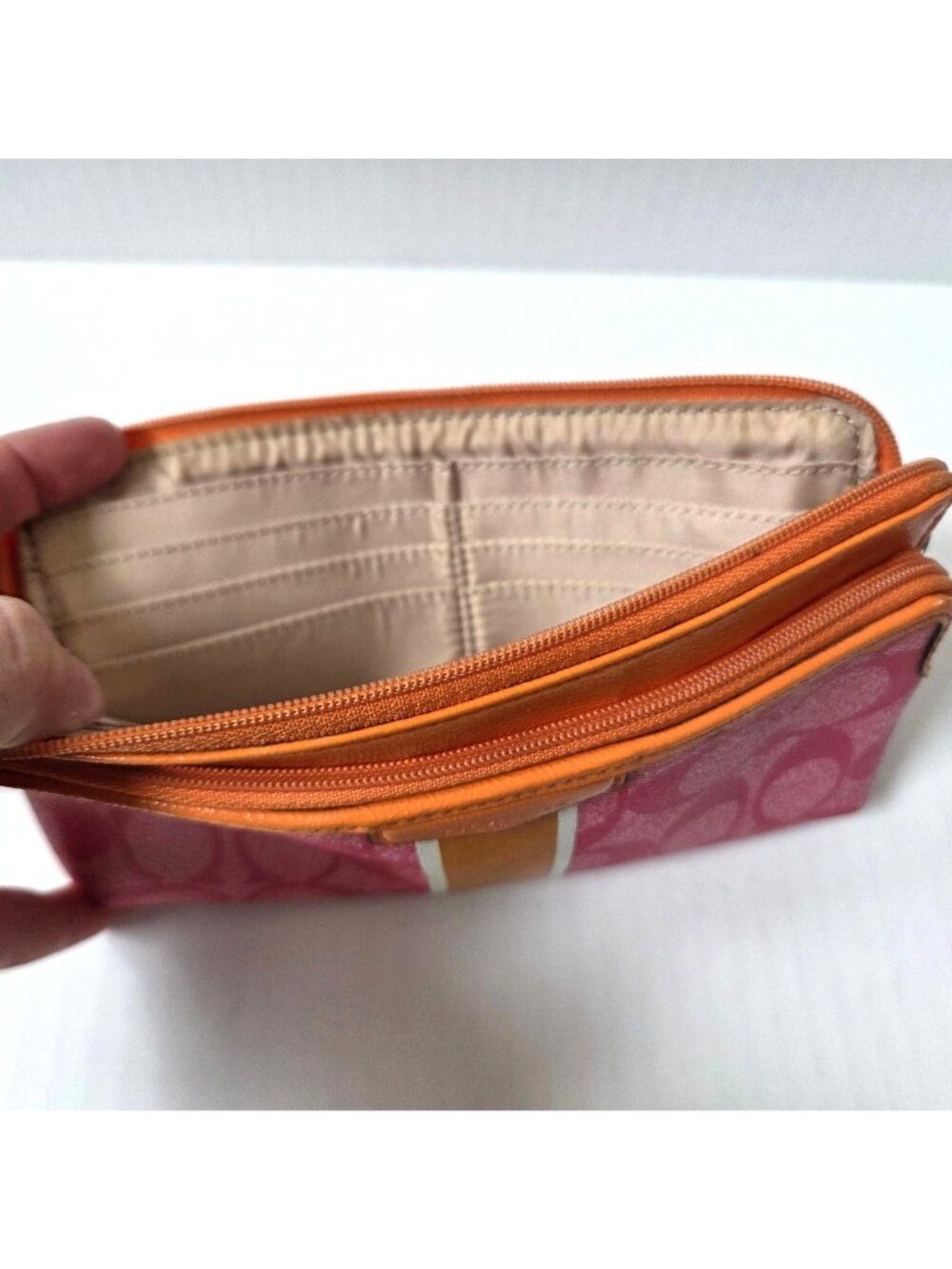 Coach Wallet Pink Orange Signature Stripe Coated Canvas Double Zip Wristlet - Picture 9 of 12